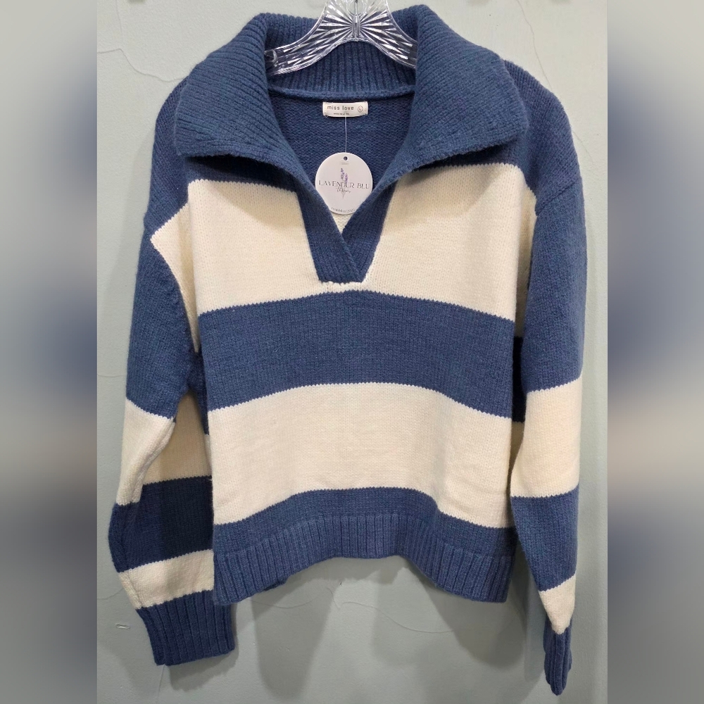 Women's Blue & Cream Collared Striped Sweater NEW NWT Large